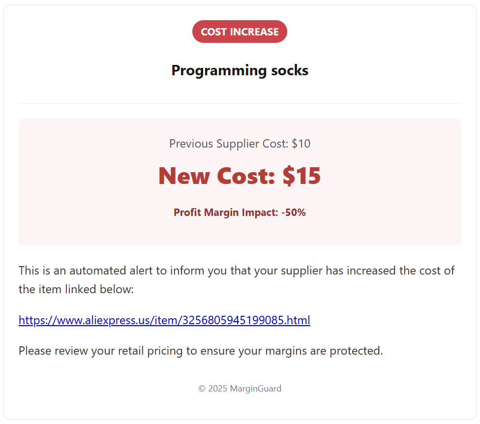 An example email sent by MarginGuard warning a user of a price hike on their aliexpress product.